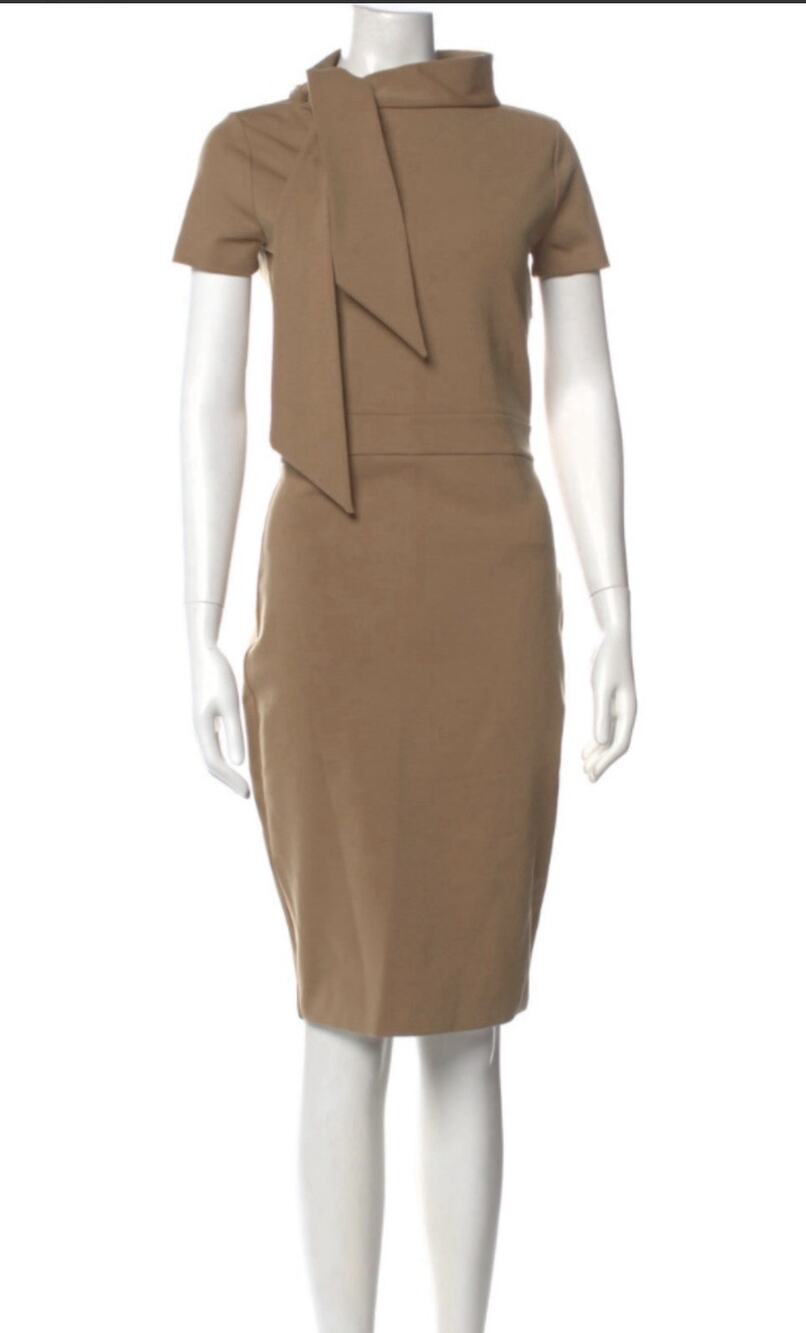 Dsquared2 Sheath Dress Tan Wool Tie Neck Short Sleeve Large Career Office V11